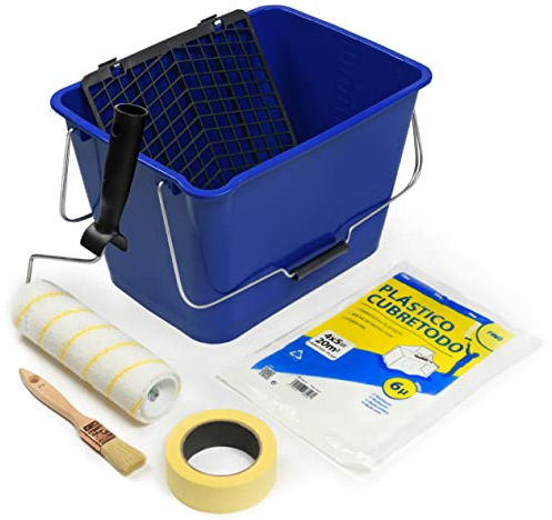 Tecno Prodist - KIT SPECIALE PER APPLICAZIONI DI PITTURA PER INTERNI - Rullo di vernice antigoccia di qualità professionale con secchio, nastro adesivo, tuta e pennello - 5 PEZZI