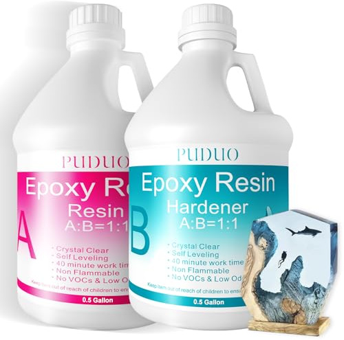 Puduo Epoxy Resin Crystal Clear Art 1 Gallon with Pump Kit for Coating, Casting, Art, Jewelry, Tabletop, Bar Top, Live Edge Tables, Fast Curing 2 Part Epoxy Kit（0.5Gal Resin and 0.5Gal Hardener）