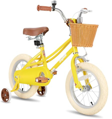 JOYSTAR Barncykel på 12 tum för mindre barn från 2 till 4 år, flickcykel med stödhjul och korg, gul barncykel.
