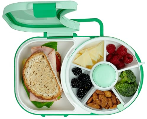 GoBe Kids Lunchbox with Small Snack Spinner Flip - Bundle with Hand Strap & Sticker Sheet, 2-in-1 Bento Style Lunch Container, 5 Small +1 Large Sandwich Compartment, BPA & PVC Free - Mint Green