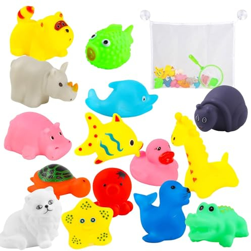 DERAYEE 17 Pezzi Giochi da Bagno,Giocattolo da Bagnetto per Bambini,Giochi Morbidi Galleggianti con Animali Diversi per Vasca da Bagno e Piscina