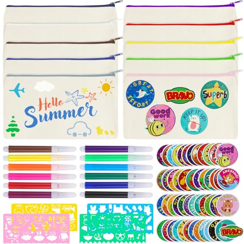 76 Stück Stoffbeutel zum Bemalen Set, 50 Aufkleber, 10 DIY Blanko federmäppchen zum bemalen, 12 Buntstift, 4 DIY Malschablonen, Segeltuch Kosmetiktasche für Schreibwaren Kleinigkeiten, 21 x 12 cm