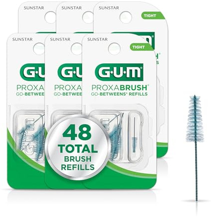 GUM Proxabrush Go-Betweens Refills - Tight - Compatible with GUM Permanent Handle -Reusable Interdental Brushes for Tight Teeth - Soft Bristled Dental Picks, 8 Count (Pack of 6) 48 Total