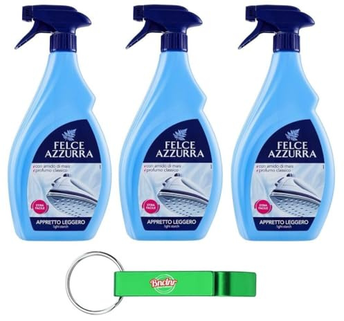 3x Felce Azzurra Appretto Leggero Spray per Stira Veloce, Stiratore leggermente rinforzante, stiratura rapida, profumato 750ml + Portachiavi Beni Culinari in Omaggio