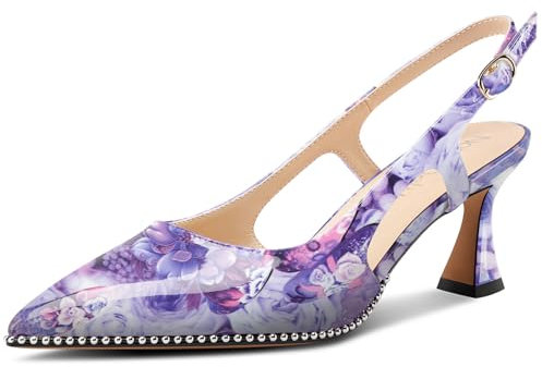NobleOnly Donna Chiusa a Punta Medio Gattini Tacco Heel Slingback Pumps Fibbia Dress Casual Slip-on Scarpe 6.5 CM Heels Fiore Viola 36 EU