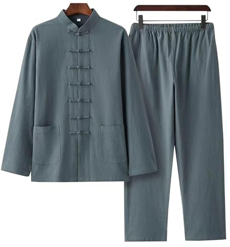 DAYKET Abbigliamento Tai Chi da Uomo, Uniforme Tradizionale Cinese per Arti Marziali, Set di Kung Fu in Cotone e Lino, Camicia a Maniche Lunghe, Pantaloni e Completo,Green-L
