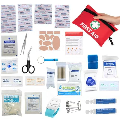 Vndnsy – Mini trousse de premiers secours 135 pièces, avec douche oculaire, garrot, couverture d'urgence, bandages, pour voyage, maison, bureau, camping, voiture – Essentiels de premiers secours