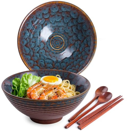 Auanlay 1200ml Ceramic Ramen Bowl Set of 2 Japanese Noodle Bowls with Spoons and Chopsticks, Peacock Tail