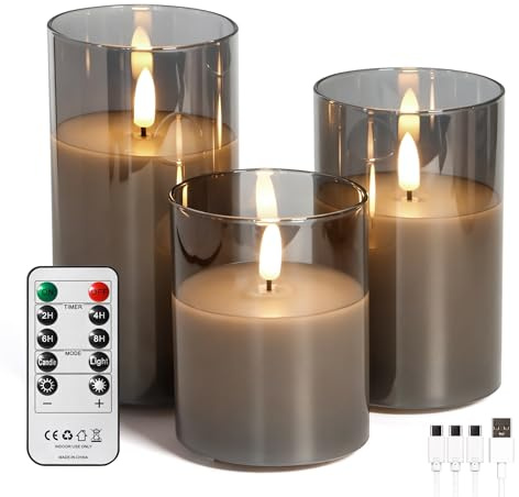 FREEPOWER 3er Set Wiederaufladbare LED Kerzen Grau Glas mit Fernbedienung | Echtes Wachs, mit 2/4/6/8H Timer, USB-Kabel, Flackerndes Warmweißlicht, Ø7,5x10/12,5/15cm