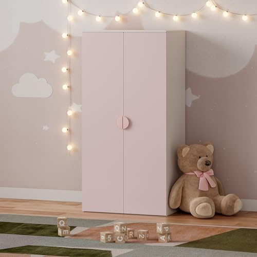 [en.casa] Armadio per Cameretta a 2 Ante con Barra Appendiabiti e Scomparto Mobile Guardaroba per Bambini con Ripiano a Misura di Bimbi 123 x 60 x 40 cm - Bianco/Rosa