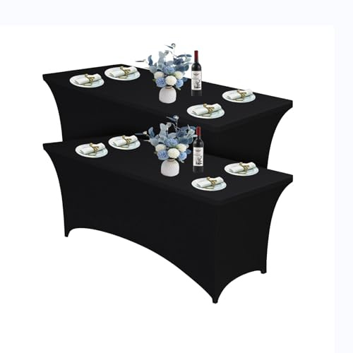 2 Pack Spandex Tischdecke 6FT, Schwarz,Tischwäsche Elastische Tischhusse Abwaschbar Tischabdeckung for Events, Weddings, Bar Geburtstagsfeier Party Hochzeit Bistrotische