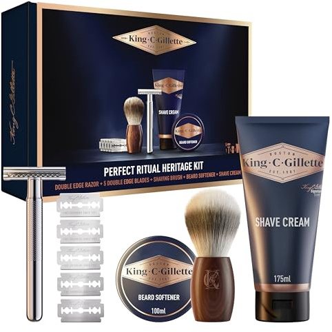King C. Gillette Men's Optimal Heritage Ritual Kit per Barba Profumata, Cofanetto Regalo Uomo, Rasoio Di Sicurezza Barba Manuale, 5 Lamette King C. Gillette, Pennello Da Barbiere, Crema e Ammorbidente