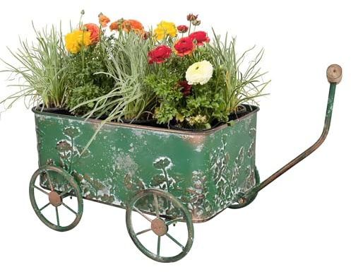 Zokyntrix Flower Cart with Wooden Handles, Metal Wagon Planters for Outdoor Plants, Garden Planter with Wagon Wheels, Decorative Wheelbarrow, Plant Cart for Patio Garden Balcony (Green)