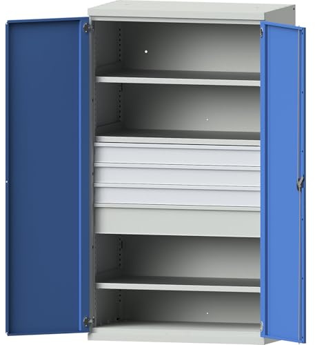 EUROKRAFT Pro | Armoire pour Charges Lourdes en Acier | 3 tablettes, tiroirs: 3 x hauteur 120 mm, 1 x 180 mm, gris clair / bleu clair