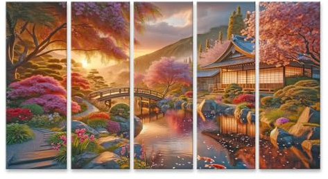 islandburner Cuadro sobre lienzo, diseño de flores de cerezo y jardín japonés, 5 piezas, XXL