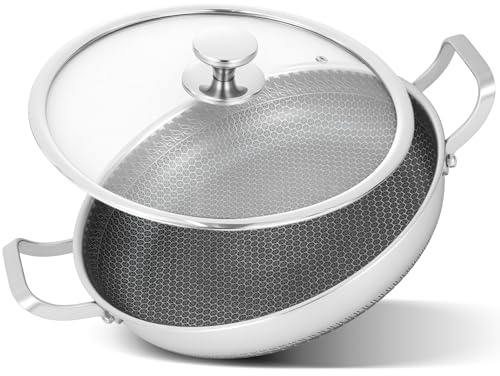 GREENSAPPIRE Paella Pan & Large Frying Pan 12.5 with Oven-Safe Glass Lid – Aluminium & Stainless Steel Skillet – Healthy Cooking Even Heat Shield Technology, All Hob Compatible