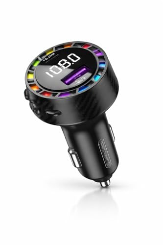 Bluetooth FM Transmitter Auto mit Freisprecheinrichtung, Bluetooth 5.3 Adapter für Autoradio, Zigarettenanzünder mit USB-C & USB-A Schnellladen, Musikübertragung, LED Display