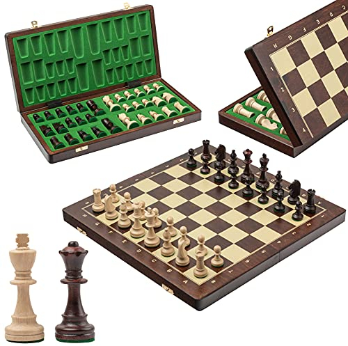 Turnier Schachspiel Holz | Master of Chess | Schachbrett Groß 42 cm | Gedruckten Feldern Schachbrett mit Figuren Staunton NO.4