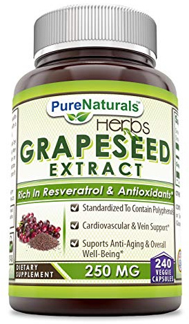 Pure Naturals Grapeseed Extract 250 Mg, 240 Veggie Capsules (Non-GMO), Standardize to Contain Polyphenols, Cardiovascular & Vein Support, Supports Anti-Aging & Overall Well-Being