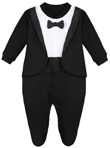 Lilax Baby Boy Gentleman Tuxedo Footie Christmas Holiday Outfit with Bow Tie (9 Months, Black)