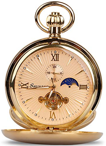 Tourbillon Moon Phase Hand Winding Mechanical Pocket Watch Double Open Gold Case Fob Watch