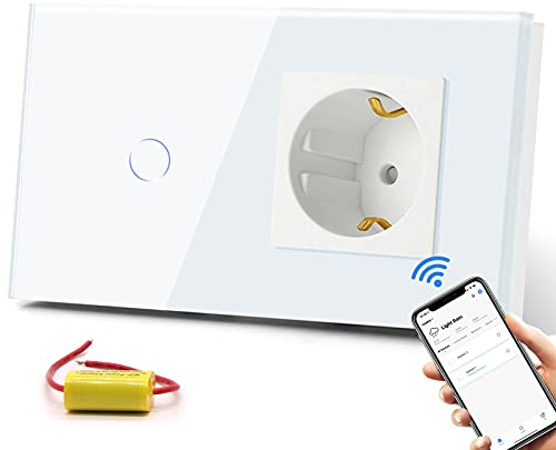 BSEED Enchufe Normal con Interruptor de luz WiFi,Compatible con Alexa,Google Home,Control de APP y Función de Temporizador,1 Gang 1 Vía WiFi Interruptor de Pared con Enchufe Blanco-No cable neutro