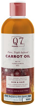 Q7Paris Pure Triple Infused Carrot Oil | Rich in Beta-Carotene & Essential Vitamins for Sun-Damaged Skin | Sunflower Scent UV Protection Oil for Hair & Skin | Natural Skincare Solution - 250ml