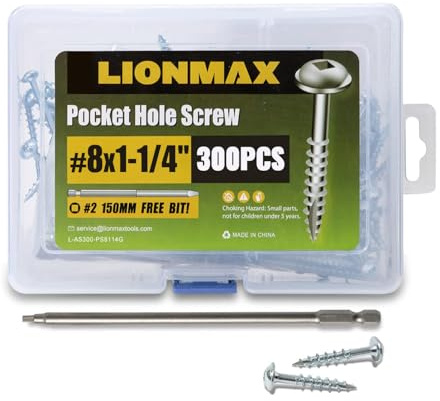 LIONMAX Pocket Hole Screws 1-1/4 Inch, 300PCS #8 x 1-1/4 Pocket Screw with Square Drive, Coarse Threads, for Indoor Wood Project, Zinc Plated, 150MM Drive Bit Included