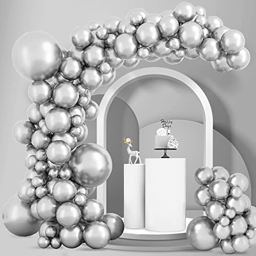 Larber Kit Ghirlanda Arco Palloncino Argento Metallizzato 100 Pezzi in Lattice Scintillante per Compleanno Matrimonio Baby Shower Fidanzamento Decorazioni