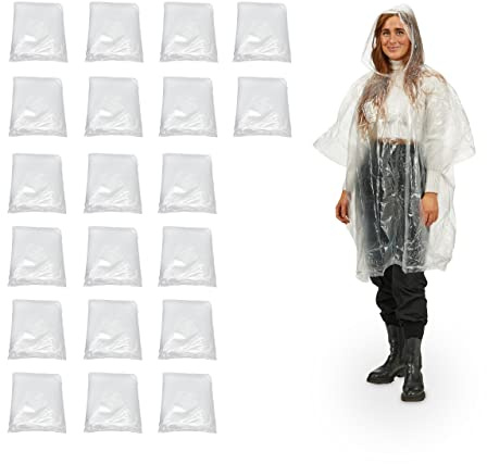 Relaxdays Poncho Antipioggia, Set 20, Mantellina Impermeabile per Adulti, con Cappuccio, Monouso Unisex, PE, Trasparente