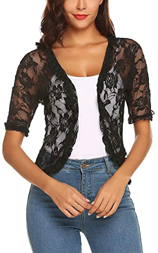 Geagodelia Boléro Dentelle Femme Eté à Manches Courtes avec Broderie des Fleur (Noir, M)