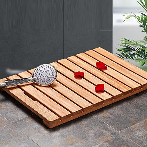 Caillebotis de Douche Naturel,Baignoire Antidérapant,Caillebotis de Douche Bois,Tapis de Bain de Douche,Bouchon en Caoutchouc Antidérapant,pour Spa à La Maison Ou à l'Extérieur (100x60cm/39x24in)