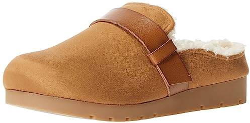 Amazon Essentials Women's Backless Shearling Memory Foam Non-Slip Mule, Tan Suede, 6