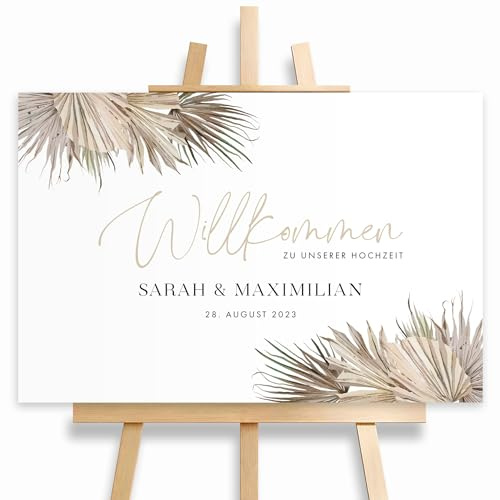 HEI Print Willkommensschild Hochzeit Beige mit Datum und Namen, personalisierte Hochzeitsdeko, Boho Willkommen Schild, Braun, 60x40 (Leinwand)