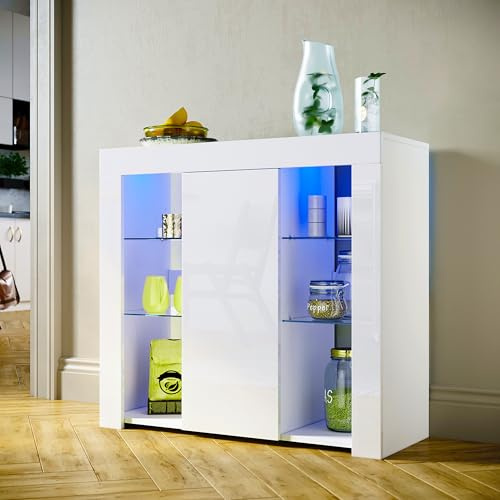 SUNXURY Küchenschrank Sideboard Kommode Schlafzimmer Kommode mit 12 Farben LED Beleuchtung B90 x T35 x H83 cm (Weiß Hochglanz) Wohnzimmermöbel Standschrank
