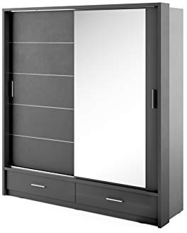 MINIO go for it - Armoire ERTA 5 Portes coulissantes, 200 cm, Armoire Deux Portes avec Miroir et Deux tiroirs, avec éclairage LED, Couleur : Noir Mat