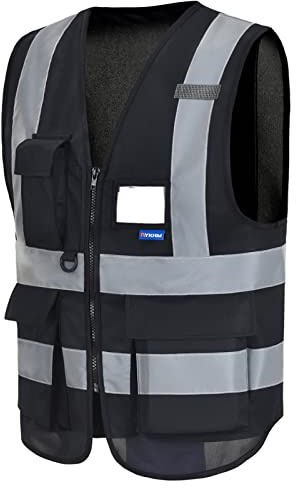AYKRM Black hi viz waistcoat high viz Class 2 hi vis Zipper Front High Visibility vest Hi Vis Executive Vest Waistcoat with Phone & ID Pockets