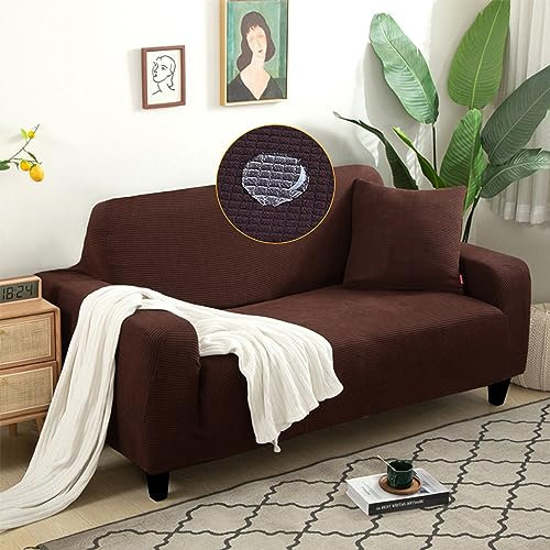 AYLFBFU Wasserfest Couchbezug Jacquard-Design mit Hoher Dehnbarkeit, Sofagarnituren 4 Sitzer Langlebig, Waschbar, Dehnbar, Sofaüberwurf Antirutsch mit Anti-Rutsch-Gummizug, Braun (1 Stück)