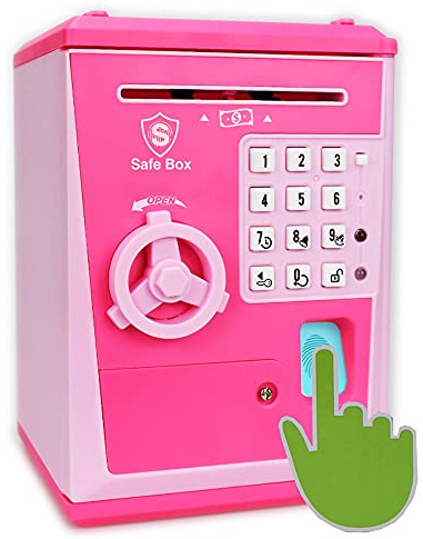 Fimleiy Kindertresor, schützt Geheimnisse mit einem Code, automatischer Noteneinzug, Spardose mit Fingerabdruckbestätigung, lustiges Geschenk für Kinder ab 6 Jahren. (Pink/Pink)