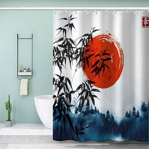 AKATIE 3D Duschvorhang 200x200 Wasserdicht mit Gewicht Saum Badewanne Vorhang Japanischer Stil Bambus Rote Sonne Duschvorhang mit 12 Hooks Duschvorhänge für Badezimmer