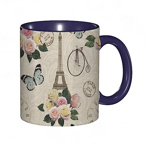 RFSHOP Tazza da caffè con motivo a torre Eiffel francese, stile shabby chic, rosa, farfalla, floreale, foglia, 325 ml, tazza da tè in ceramica con manico, per casa, ufficio, Natale, compleanno
