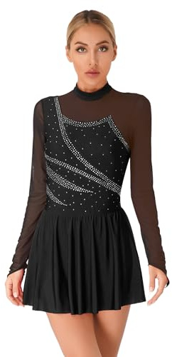Agoky Damen Eiskunstlauf Kleider Langarm Tanzkleider mit Glitzer Streifen Mesh Spleiß Turnanzug Stehkragen Gymnastikanzug mit Tutu Rock Slip Dancewear