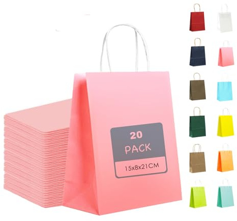 MORAINJAY 20 Stück Geschenktüten mit Henkel,Kraftpapiertüten,15x8x21cm Rosa Papiertüten für Geschenkverpackung,Gastgeschenke Tüten für Einkaufen,Hochzeiten,Verpackungen,Kindergeburtstag