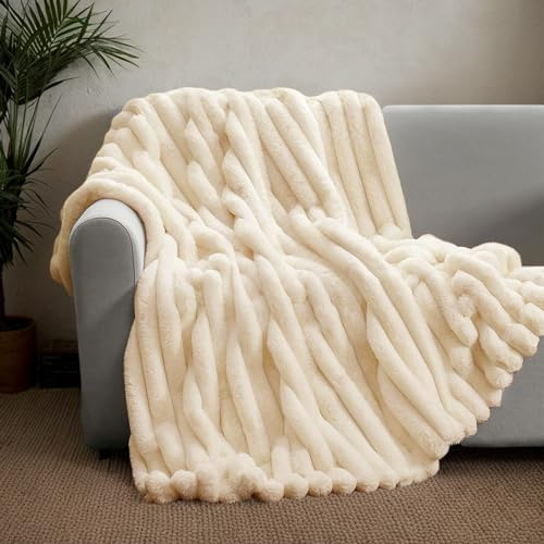 TOPCHANCES Kuscheldecke Kaninchen Plüsch Flauschige Decke Super Soft Wohndecke Dick Flanell Bubble Couchdecke Warme Überwurfdecke Sofadecke Vielseitig Blanket Für Bett Sofa,Beige,160×200cm