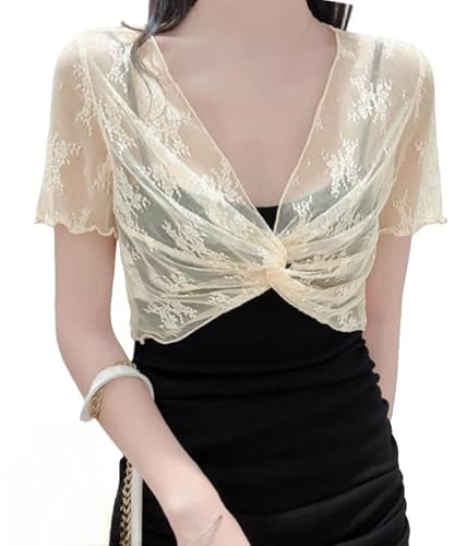 CuLtP Chaqueta Corta Mujer Bolero De Encaje Floral para Mujer Jersey De Bolero Recortado con Parte Delantera Torcida Cárdigan Transparente De Malla De Manga Corta De Verano Vestidos De Noche Tops De