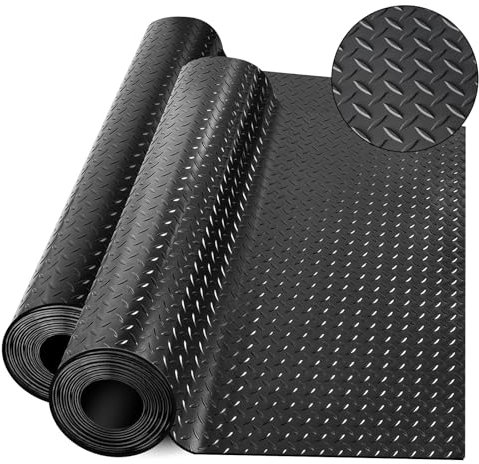 Diamond-Plate Rubber Flooring Rolls, 21FT *16IN Garage Floor Mat, 4 * 7Ft Cover Area PVC Garage Flooring Roll for Garage Floor, RV Trailer Flooring, Water/Stain Resistant Parking Mat Black(1Pcs)
