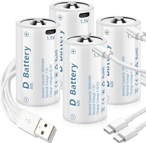 D Cell Batteries 4 Pack,Lithium D Batteries 5600mWh, Rechargeable D Batteries with USB-C 4 in 1 Charging Cable, 1.5V D Cell Battery for Flashlight Toys & floodlight