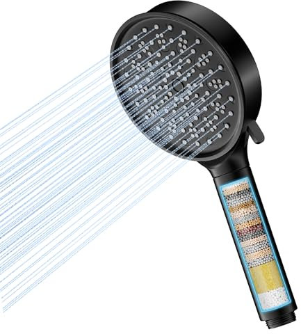 Hard Water Filter Shower Head with 6 Spray Modes, High Pressure Water Saving Shower Head with 20 Layers Filtration, Power Shower Heads with Showerhead Filter for Residual Chlorine Remove, Black
