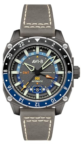 AVI-8 Men's 44mm Hawker Hunter Atlas GMT Automatic Mist Grey Watch with Leather Strap AV-4122-04