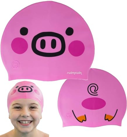 SWIMXWIN Schwimmkappe Silikon Piggy Schweinchen Lustig Mit Motiv Badekappe Kinder Geeignet Auch Fuer Erwachsene Hallenbad Freibad Freiwasser Training Aquagym Triathlon Wasserball Geschenk